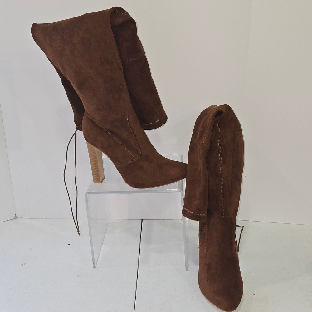 Justfab Brown Faux Suede Over The Knee Boots Block Heel Pointed Toe
8M